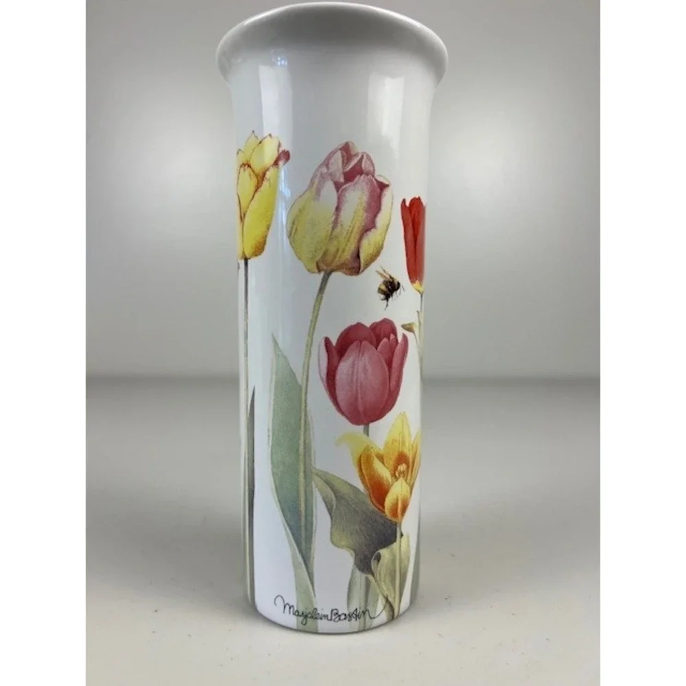 Marjolein Bastin Ceramic Cylinder Vase White Floral Tulips‎ Bee Butterfly 8.25in